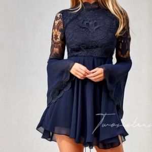 Lace up Bell sleeve boho dress cottagecore Two Sisters Jaus navy size 2 XS